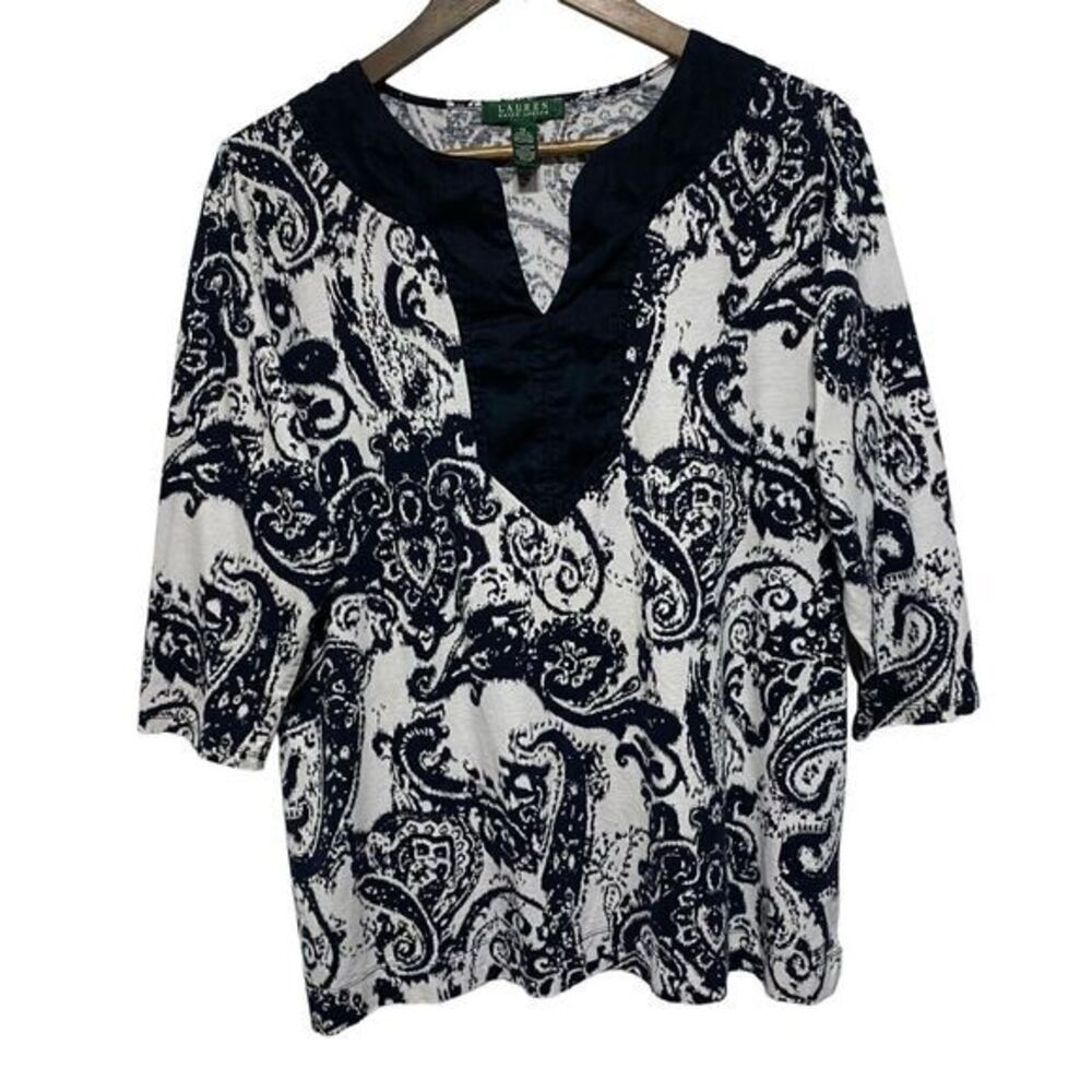 Lauren Ralph Lauren LRL Top Women 1X Plus Black White Paisley  3/4 Sleeve Cotton